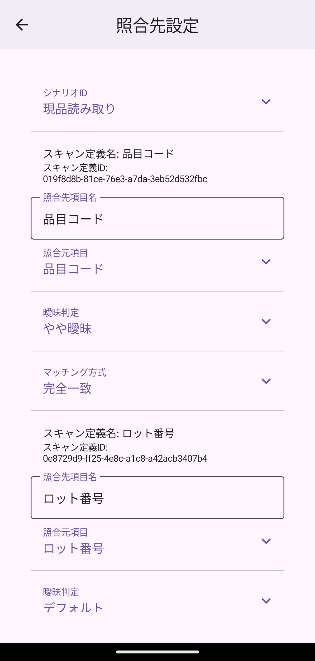 照合先設定(品目コードのみ曖昧判定=やや曖昧)